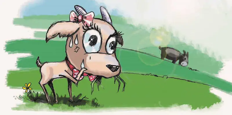 Sad goat with tears standing on grassy hillside with yellow flower while donkey watches from distance