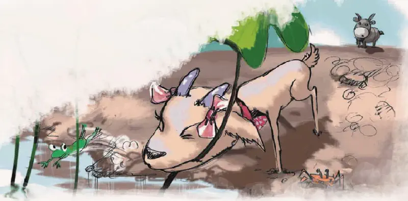 Goat cooling off by dipping her face in stream while frog and crab watch with donkey on hill behind