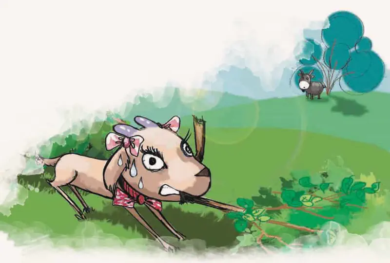 Tired sweating goat dragging branch across grass while donkey watches from hilltop near tree