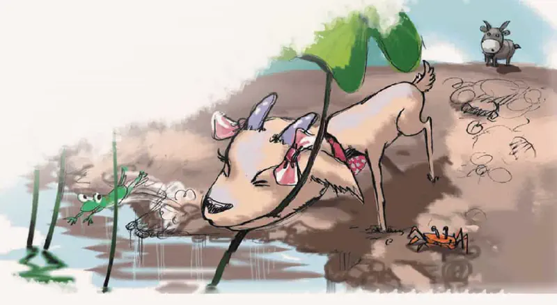 Goat trying to cool off under large leaf in stream with frog and crab watching nearby