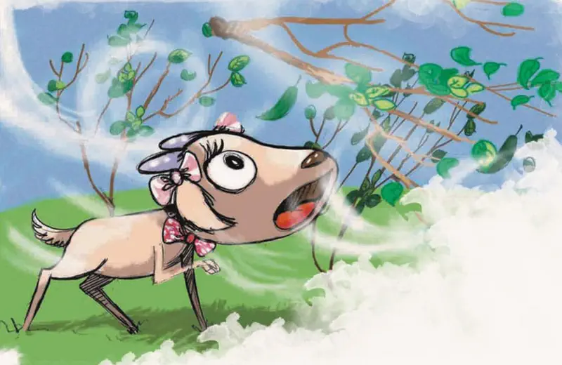 Shocked goat watching as gusty wind blows leaves and branches past her on green hillside