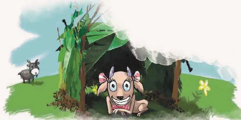 Proud smiling goat with pink bows sitting inside completed leaf shelter while donkey watches nearby