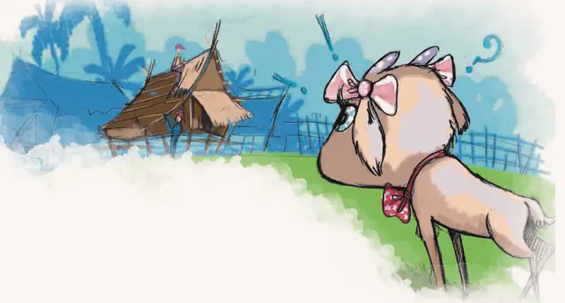 Curious goat with pink bow and question mark looking at wooden houses being built in village