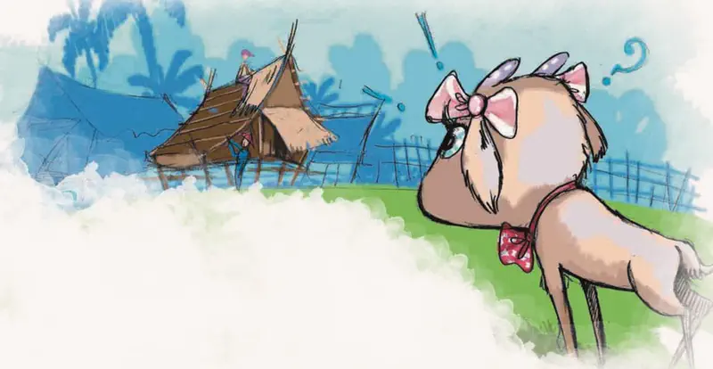 Thoughtful goat with pink bow and question mark gazing at wooden village houses and fence