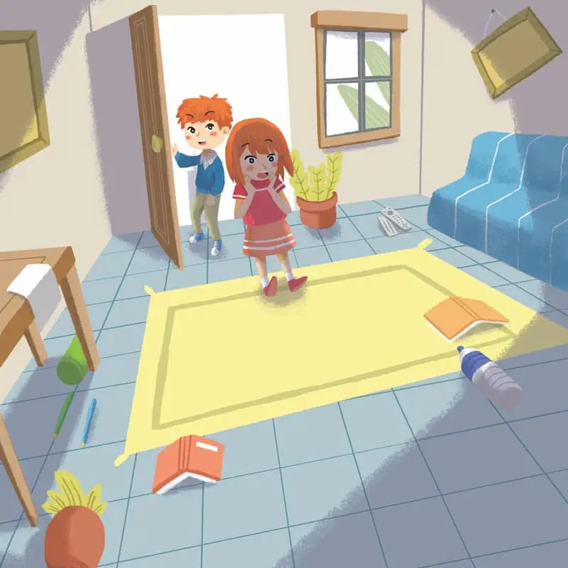 Two red-haired siblings discover messy living room with items scattered on floor