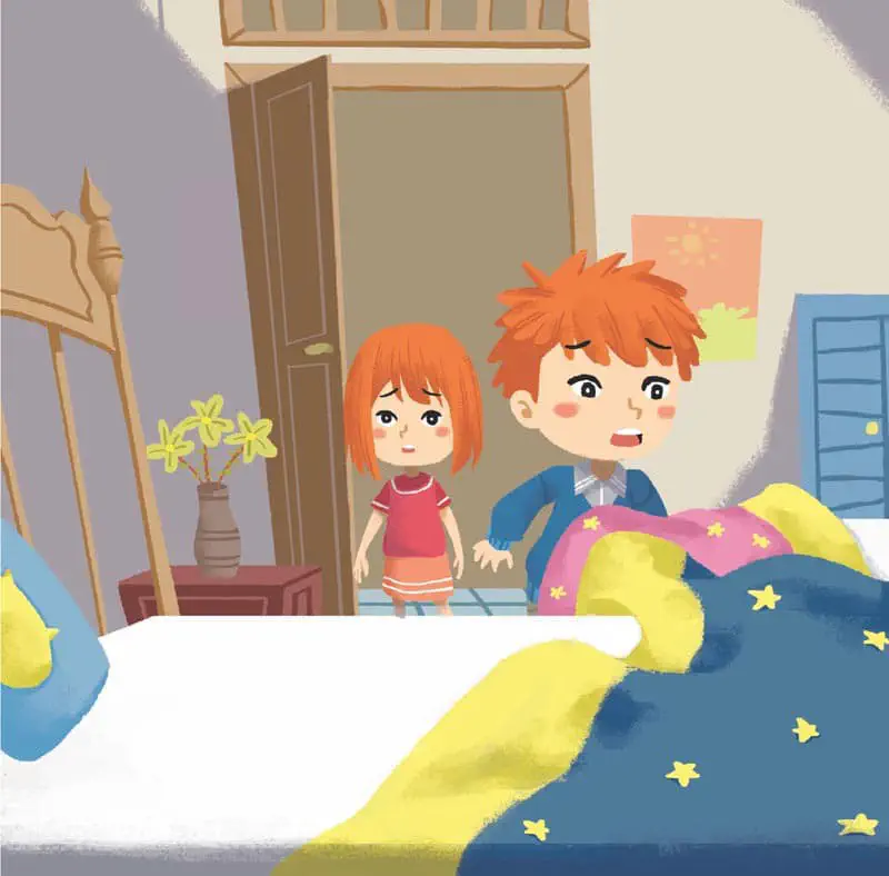 Two siblings making bed together with blue starry blanket in bedroom