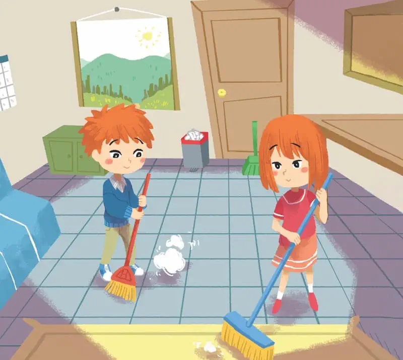 Brother and sister sweeping floor together with brooms in clean living room