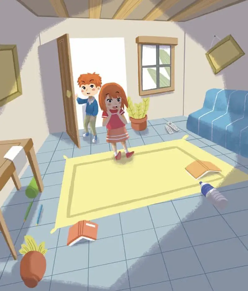 Two red-haired siblings discover messy living room with items scattered on floor