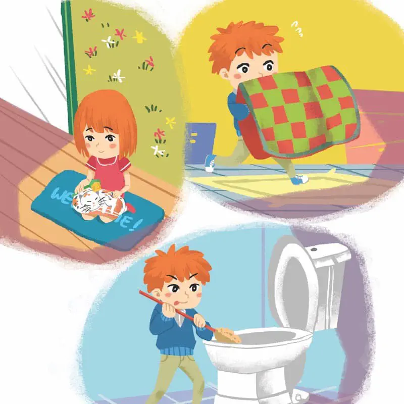 Three scenes showing kids doing chores: girl with cat, boy carrying blanket, boy cleaning toilet
