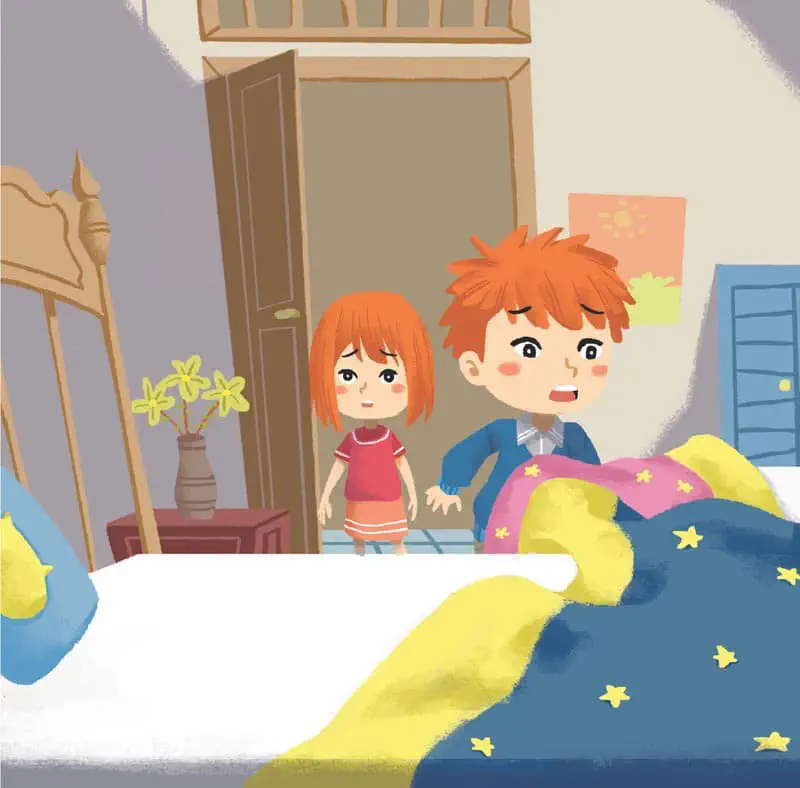 Two siblings making bed together with blue starry blanket in bedroom