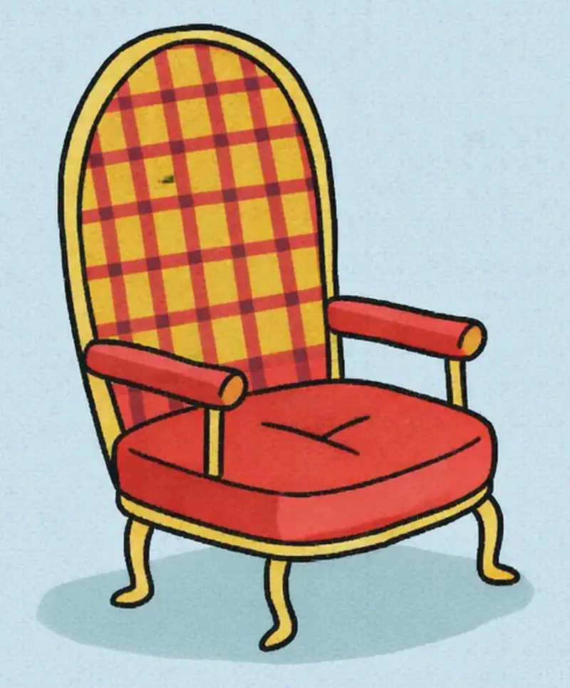 On the left side of the image, an ornate red and yellow plaid armchair sits empty against a plain light blue background, its cushion slightly indented as though someone invisible is sitting in it. The chair casts a small shadow beneath it, and the rest of the scene is open empty space — reinforcing the text's idea that the girl made of air is present but unseen.