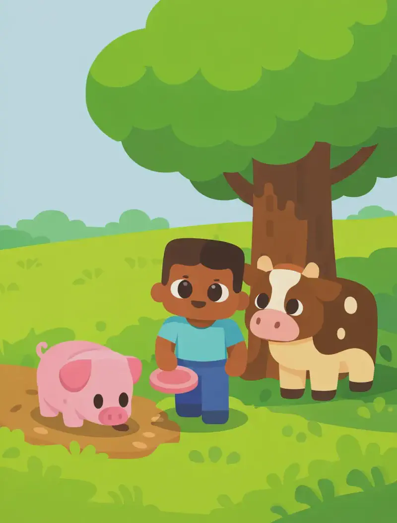 A Minecraft-style scene set in a sunny plains biome. In the centre, a blocky human child with dark skin, short dark hair, a teal shirt, and blue pants stands facing forward, holding a round pink object in one hand. To the left of the child, a pink pig stands on a patch of bare dirt, snout lowered as it sniffs the ground. To the right, a brown-and-white cow stands beneath a large tree with a green leaf canopy, resting in the cool shade. The grassy landscape stretches out with small bushes and tufts of grass under a clear blue sky. The scene occupies the right half of the image; the left half is a solid warm yellow panel for text.