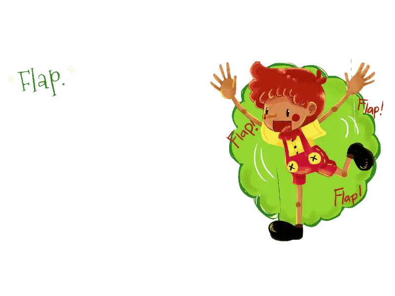 Red-haired puppet in yellow shirt and red overalls flapping arms against green background