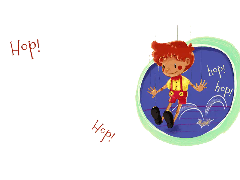 Red-haired puppet hopping joyfully on blue stage inside mint green circular frame