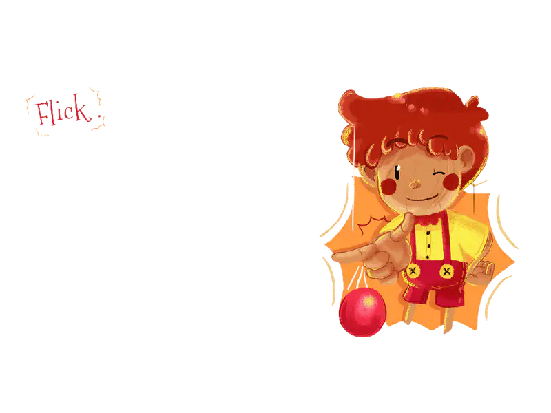 Red-haired puppet winking while flicking red ball against orange starburst background