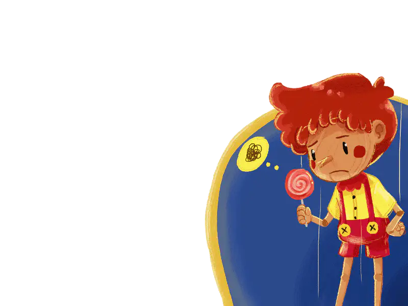 Sad red-haired puppet holding lollipop with confused thought bubble on blue background