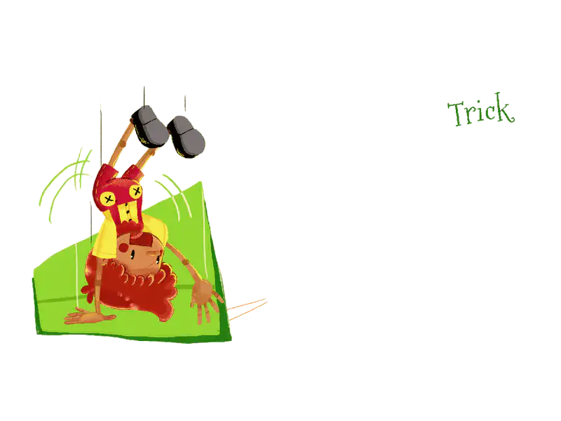 Red-haired puppet doing handstand trick on green mat with legs in air