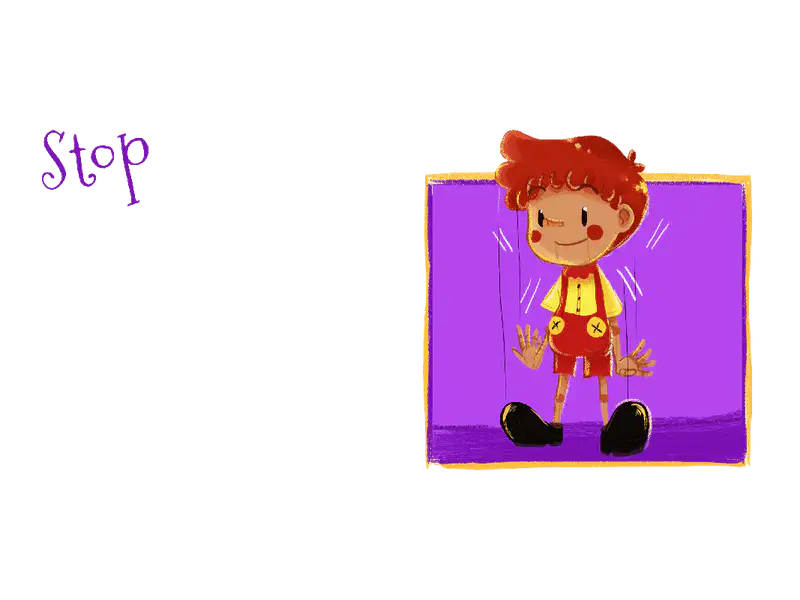 Red-haired puppet standing still with arms out on purple background with yellow frame