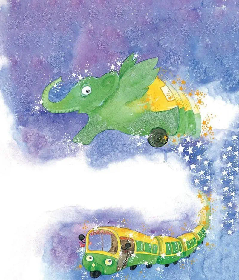 Green elephant-shaped auto rickshaw and caterpillar train flying through purple starry sky with sparkles