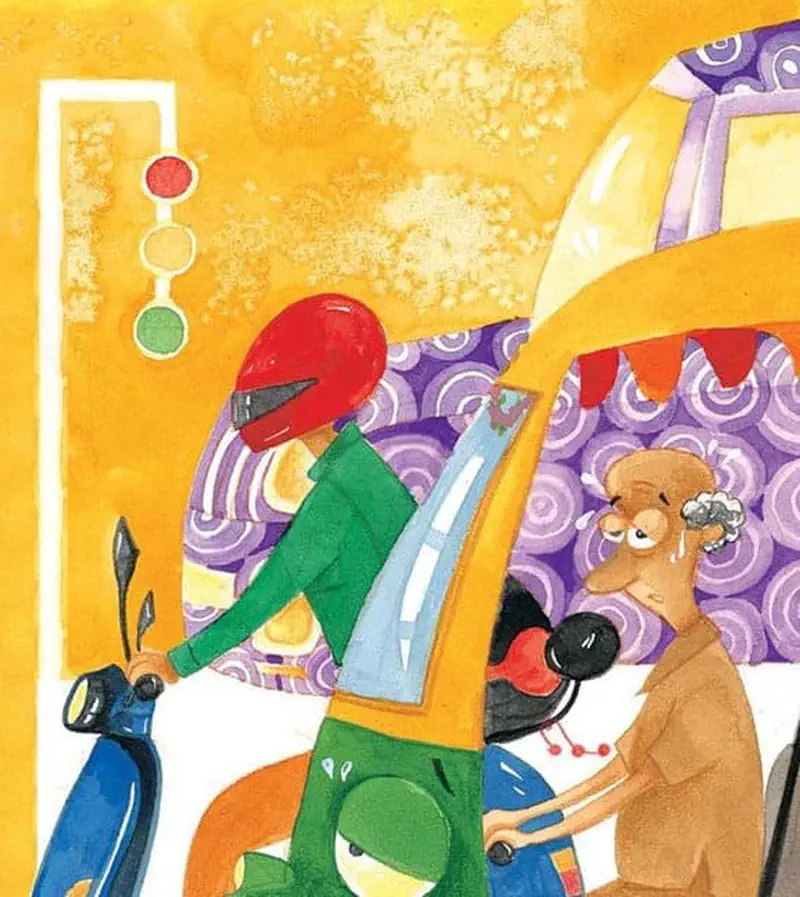 Green auto rickshaw at traffic light with scooter rider in red helmet and elderly passenger