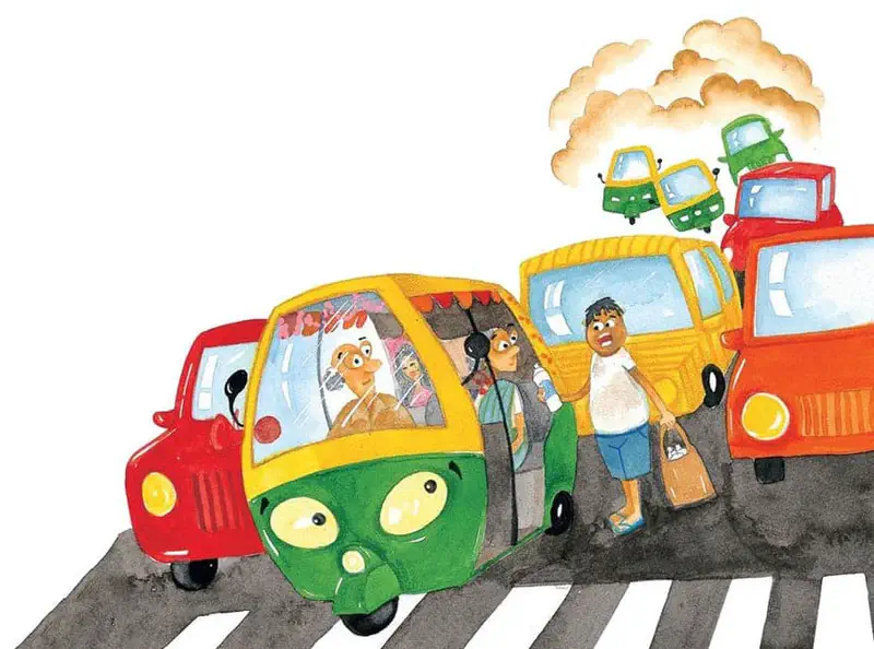 Busy traffic jam with green auto rickshaw surrounded by red truck yellow taxi and frustrated pedestrian