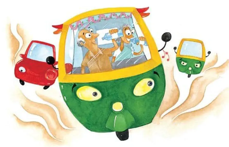 Worried green auto rickshaw speeding with two passengers singing and drinking while red car follows