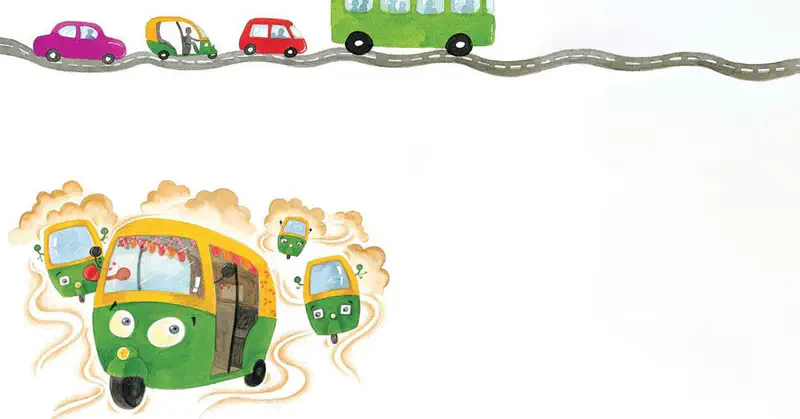 Multiple green auto rickshaws in dusty cloud below road with pink car and green bus driving above