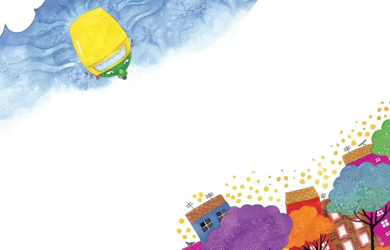 Green auto rickshaw flying high in blue sky above colorful town with houses and trees below