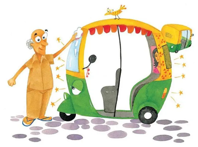 Elderly driver polishing green auto rickshaw with sparkles while woman sits inside and bird watches