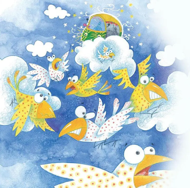Auto rickshaw flying through sky surrounded by surprised colorful birds and grumpy cloud face