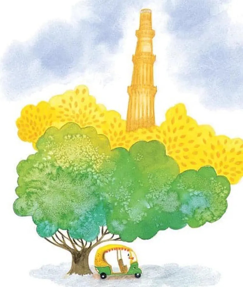 Green auto rickshaw parked under large green and yellow trees with tall orange tower in background