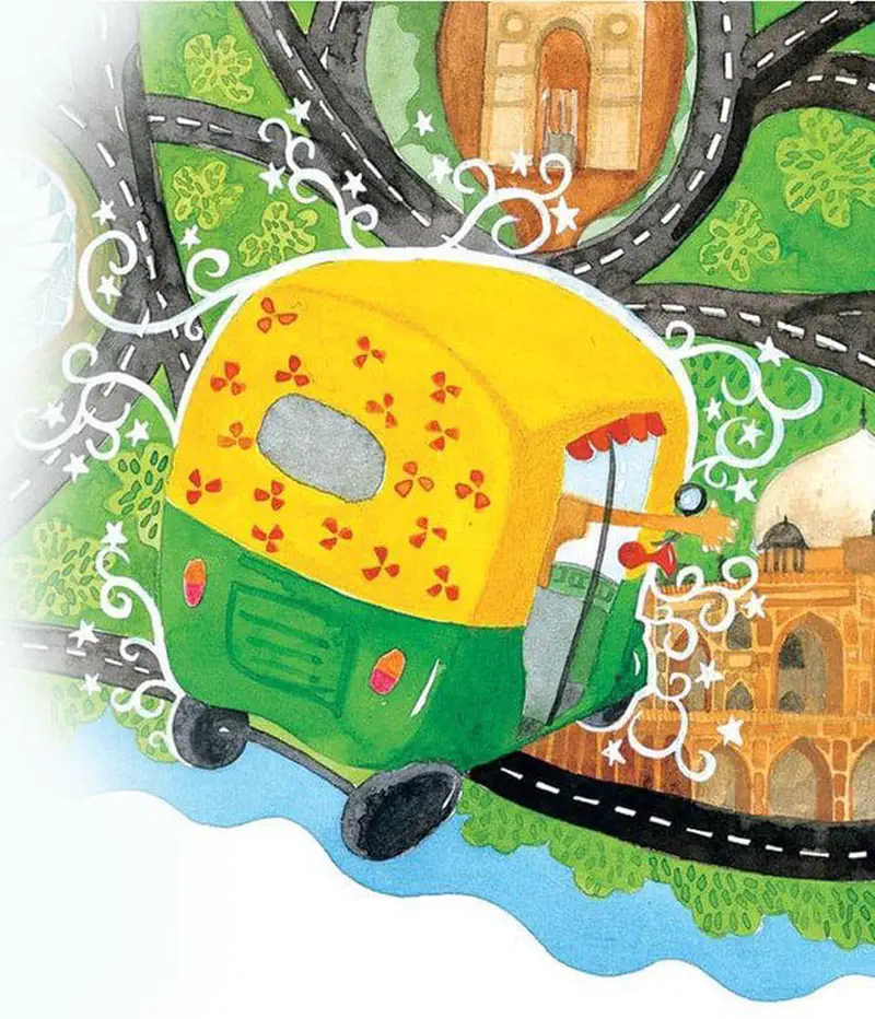Decorated green auto rickshaw with swirling magic patterns near Indian monuments and winding roads