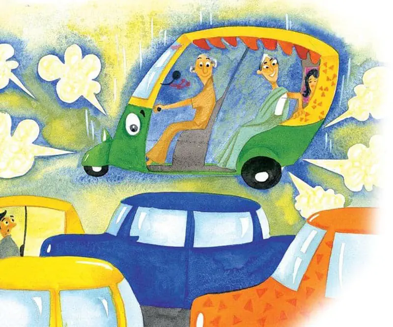 Happy family of three riding in green auto rickshaw flying above traffic in rainy sky