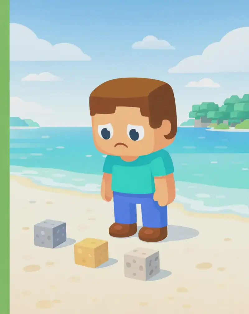On the right side of the image, Steve stands on a bright sandy beach near the water's edge, looking down at a small scattered collection of block items on the ground — a few crafting materials including what appear to be stone, sand, and ore blocks. He has a neutral, slightly disappointed expression as he surveys the meagre supplies. The scene is set outdoors on a sunny day with blue sky and clouds, with ocean water and distant tree-covered islands visible in the background. The left side of the image is plain green background, clear for text overlay.