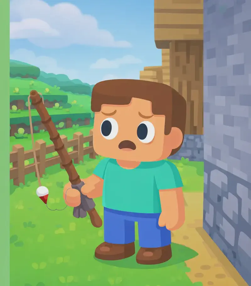 On the right side of the image, Steve stands outdoors in a grassy area next to a wooden and stone building, holding an old, worn fishing rod in his hand with a determined but slightly concerned expression. The rod looks weathered and fragile. The scene is set during daytime under a partly cloudy sky, with a wooden fence and rolling green hillside visible in the background. The left side of the image is plain green background reserved for text.