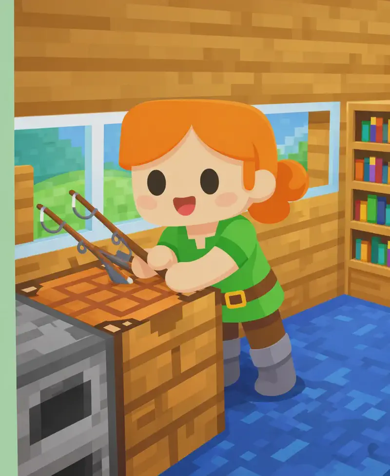 On the right side of the image, Alex stands indoors at a crafting table, leaning forward with an excited, bright-eyed expression as she works on crafting. Two old fishing rods sit on the table in front of her. The scene is set inside a wooden house with a plank ceiling, windows showing greenery outside, a bookshelf against the wall, and a blue floor. A furnace sits nearby below the crafting table. The left ~40% of the image is plain mint-green background for text overlay.
