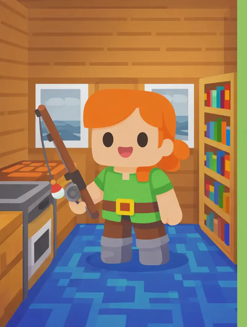 On the left side of the image, Alex stands inside a wooden cabin, holding a brand-new fishing rod in her hand with a proud, satisfied expression. The indoor scene features a cosy room with wooden plank walls and ceiling, bookshelves filled with colourful books along the back wall, windows looking out to a grey sky, and a crafting table or furnace to her left. The floor is a vibrant blue pattern. The right ~40% of the image is plain green background reserved for text.