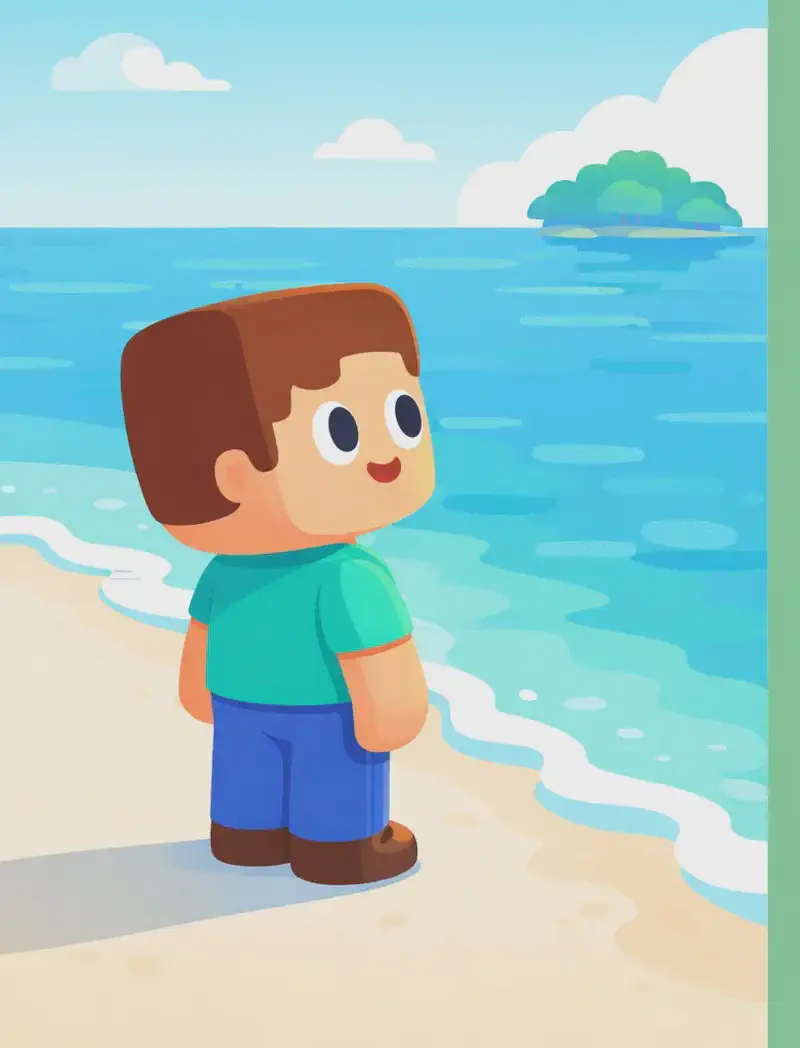 On the left side of the image, Steve stands on a sandy beach near the water's edge, looking out toward the ocean with a calm, thoughtful expression. He appears to be gazing across the water where a distant tree-covered island is visible, as if contemplating whether he needs to travel far. The scene is set outdoors on a bright, sunny day with blue skies and clear water lapping at the shoreline. The right side of the image is plain green background, clear for text.