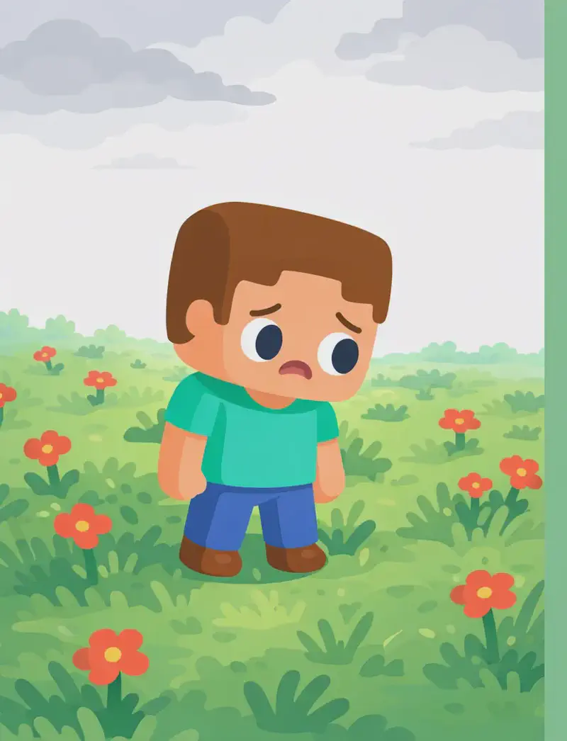 On the left side of the image, Steve stands in a wide, open grassy field dotted with red flowers and tall grass, looking slightly downward with a disappointed, searching expression as he wanders through the landscape. The outdoor scene is set under an overcast, cloudy sky, conveying a sense of unsuccessful searching. The right ~40% of the image is plain green background, clear for text overlay.