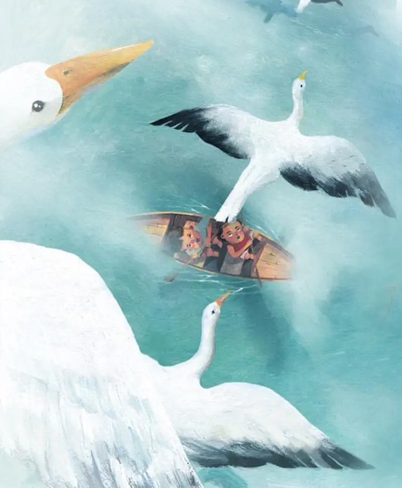 Two boys in boat looking up at large white pelicans and seabirds flying overhead