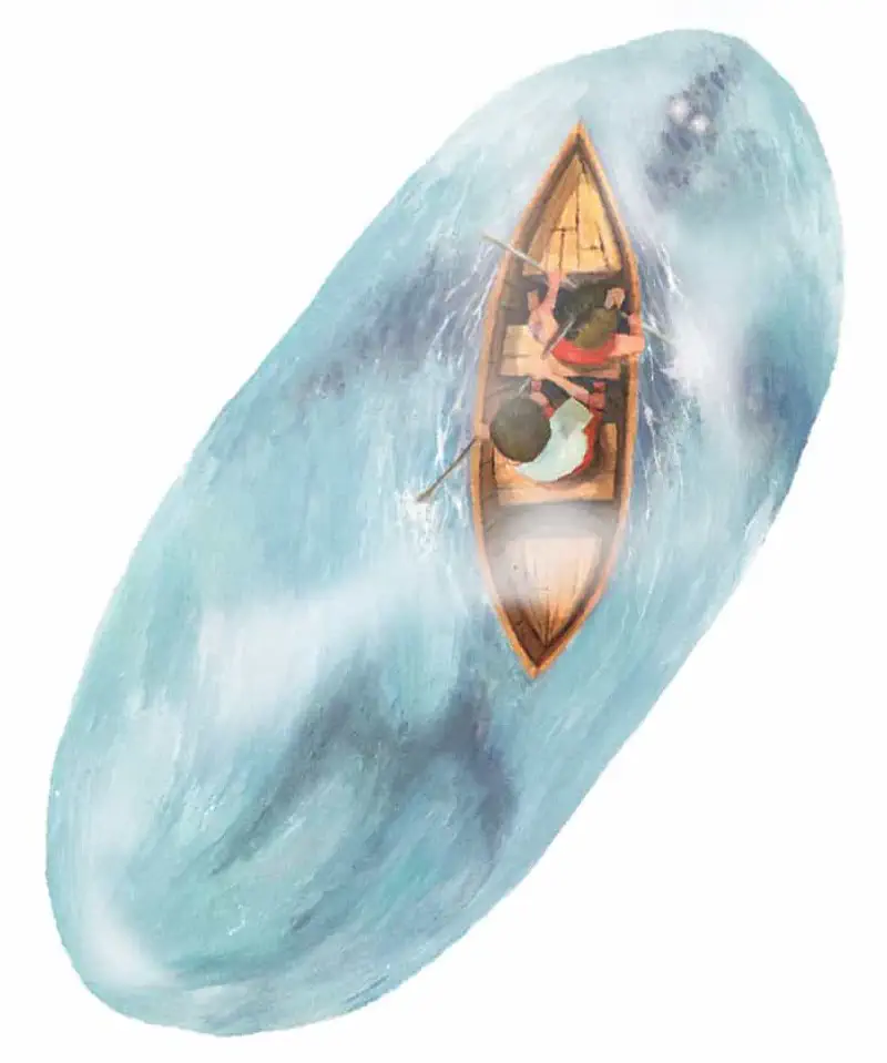 Overhead view of two boys rowing small wooden boat through swirling blue-green lake water