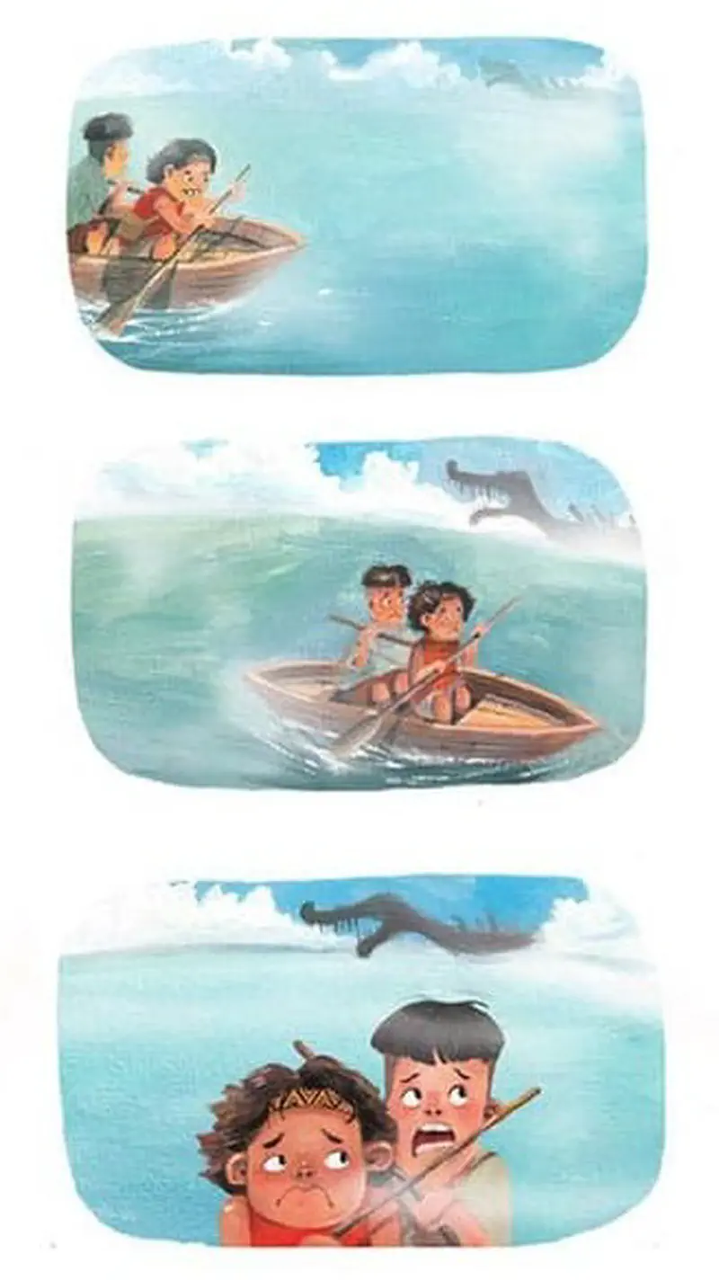 Three panel sequence showing boys rowing, spotting dark shape, then looking terrified