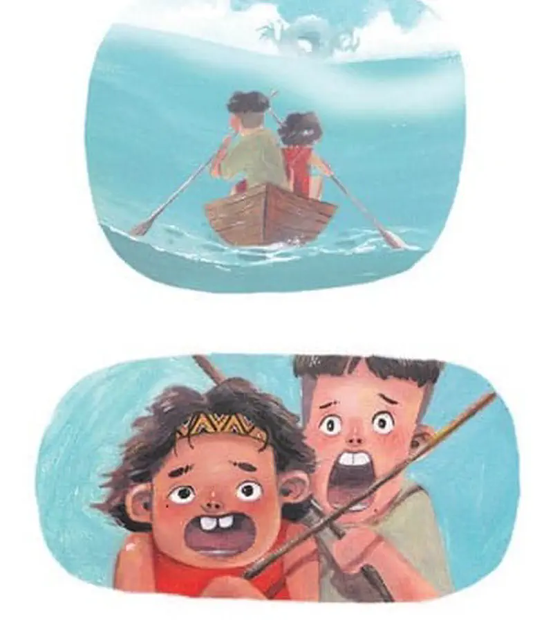 Two boys rowing boat on lake with scared expressions as they spot something in distance