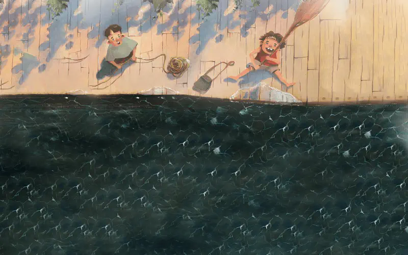 Two boys on wooden dock preparing to untie rowboat while looking at dark lake water