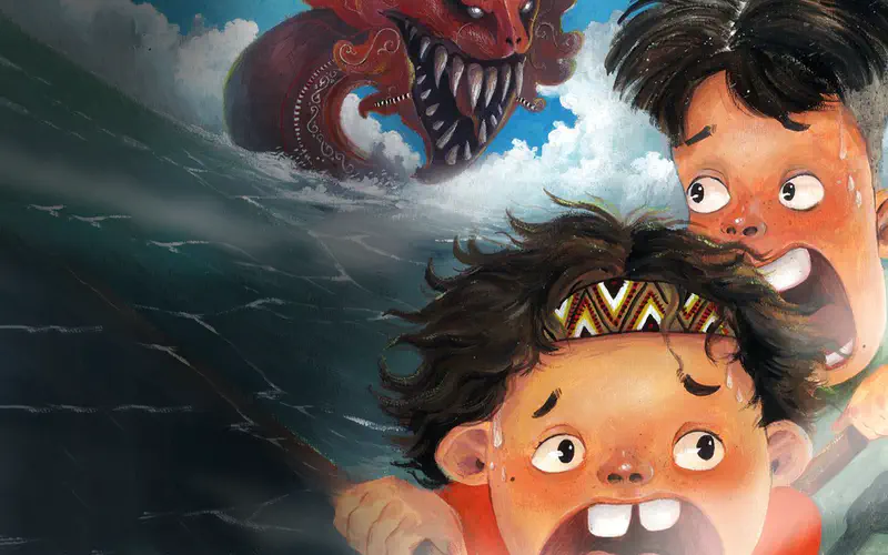 Two terrified boys with red dragon head looming behind them in stormy sky