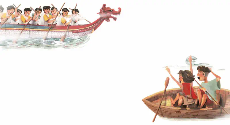 Two boys in rowboat waving excitedly at dragon boat team rowing past with red dragon head prow