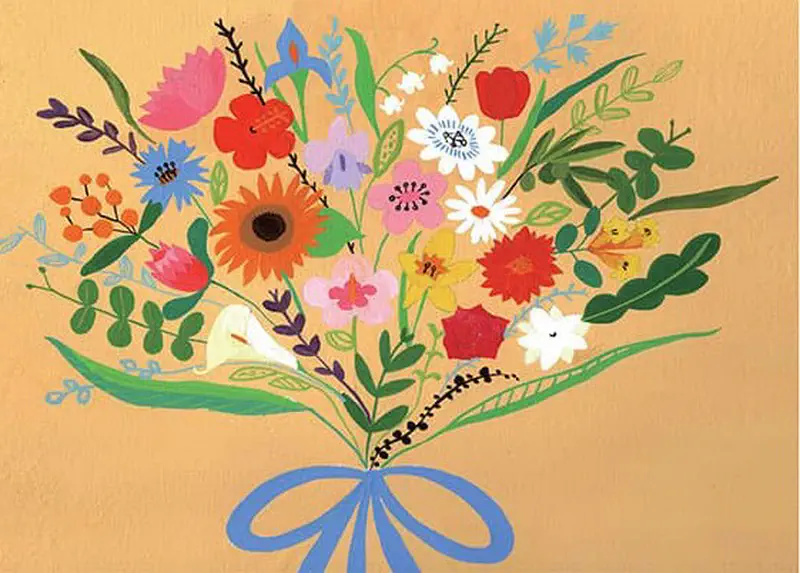 Colorful bouquet of many different flowers tied with blue ribbon on orange background