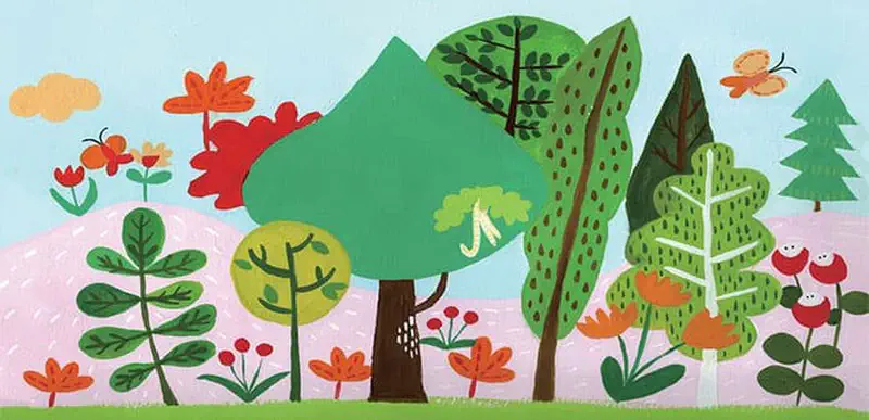 Colorful spring forest scene with various trees, flowers, butterflies and pink hills in background