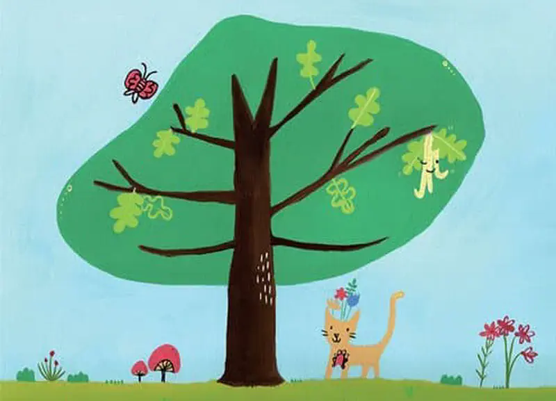 Large oak tree with yellow dangling flower on branch, orange cat and butterfly nearby