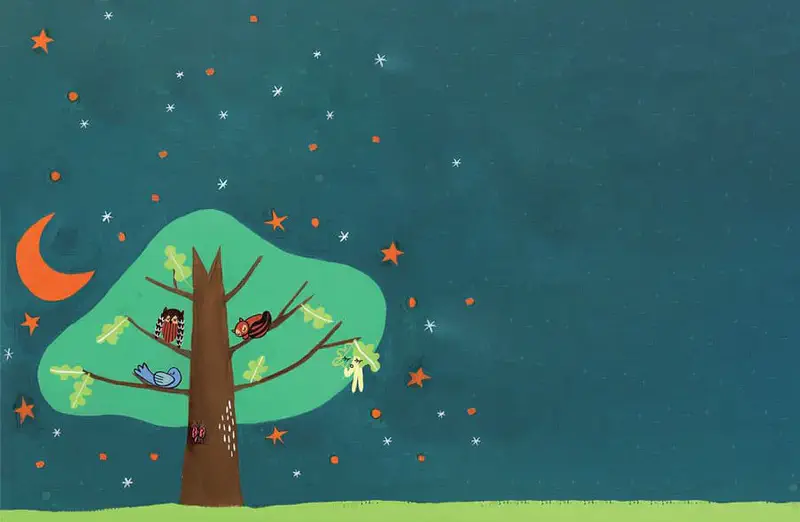 Night scene with oak tree, owls on branches, yellow flower hanging down under starry sky with crescent moon